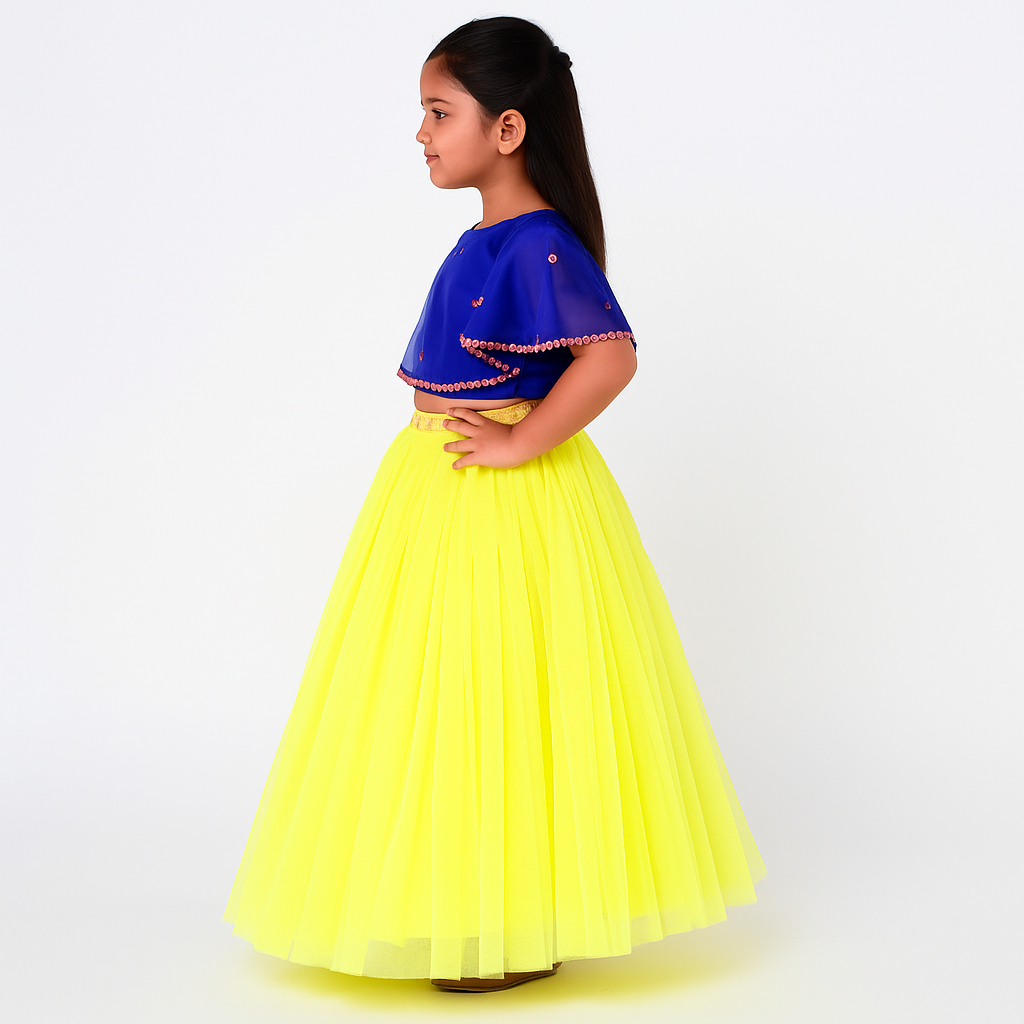 Girls Party Wear Set – Crop Top & Skirt Combo for Kids ( Blue Yellow )