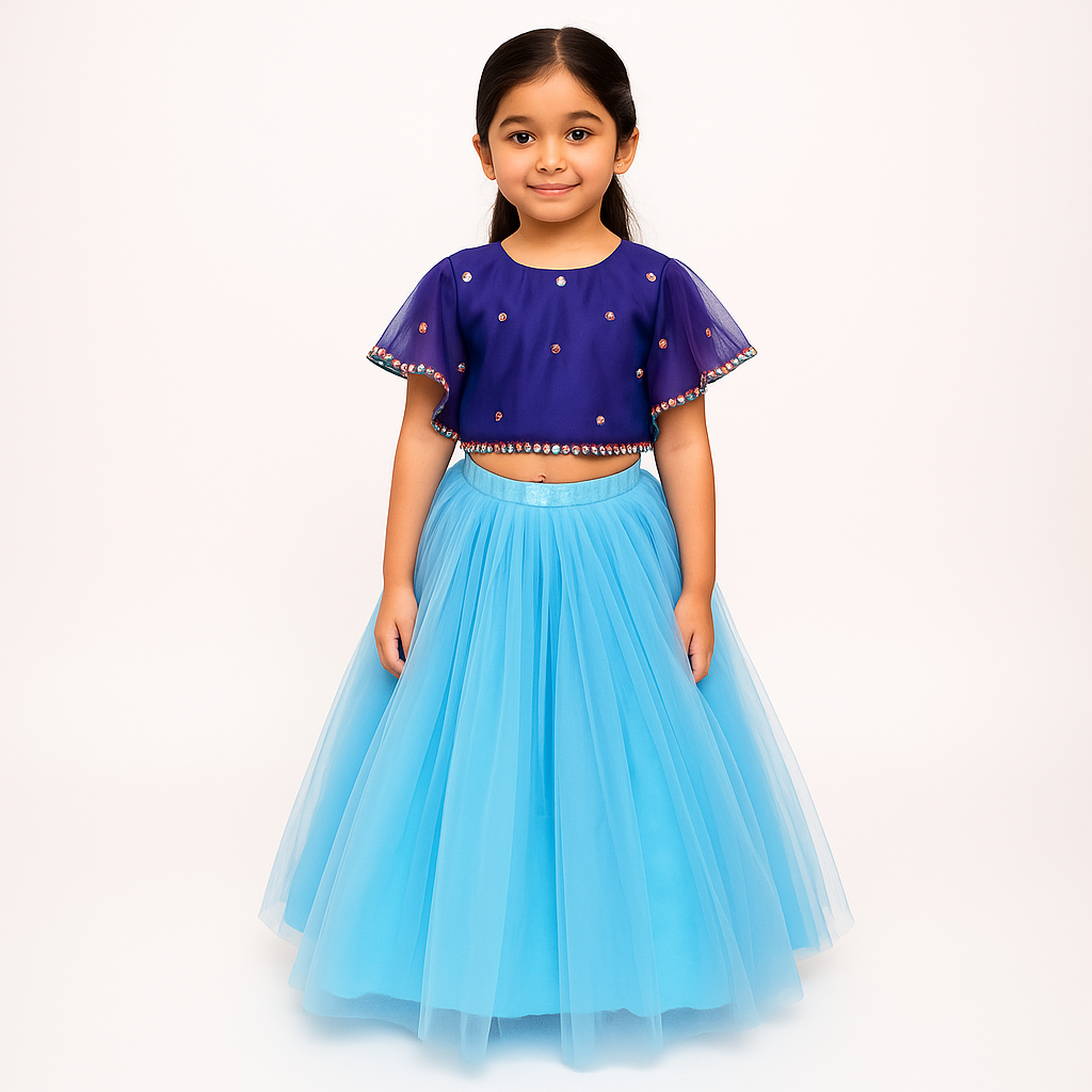 Girls Party Wear Set – Crop Top & Skirt Combo for Kids (Blue Sky Blue )
