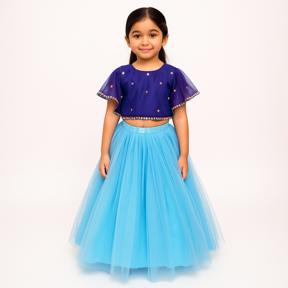 Girls Party Wear Set – Crop Top & Skirt Combo for Kids (Blue Sky Blue )