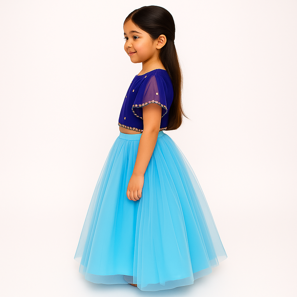 Girls Party Wear Set – Crop Top & Skirt Combo for Kids (Blue Sky Blue )