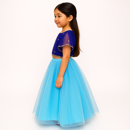 Girls Party Wear Set – Crop Top & Skirt Combo for Kids (Blue Sky Blue )