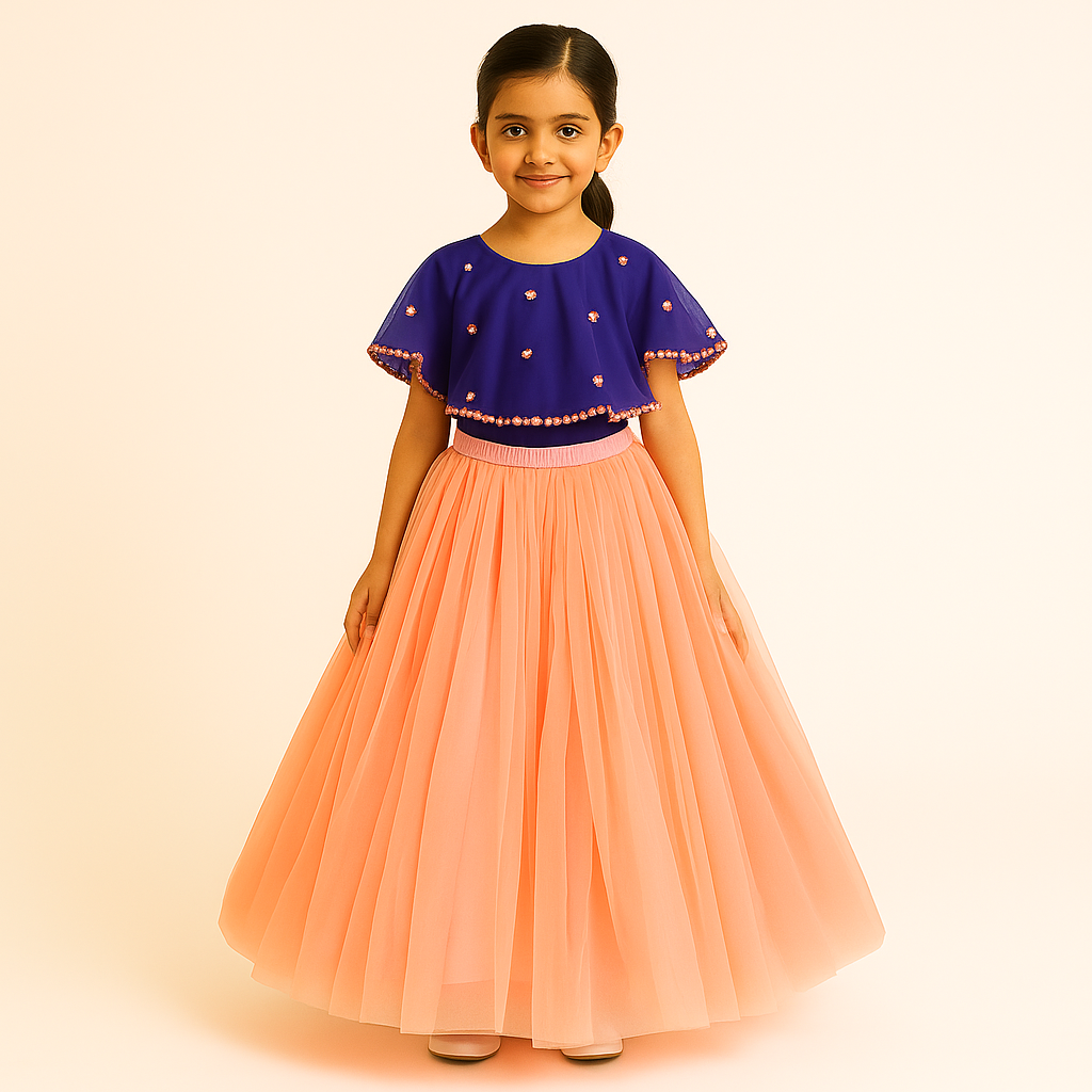 Girls Party Wear Set – Crop Top & Skirt Combo for Kids (Blue Peach)