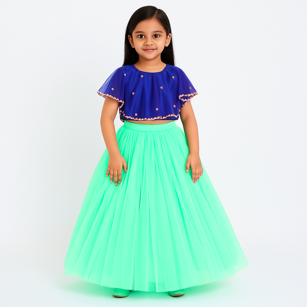 Girls Party Wear Set – Crop Top & Skirt Combo for Kids ( Blue Sea Green )
