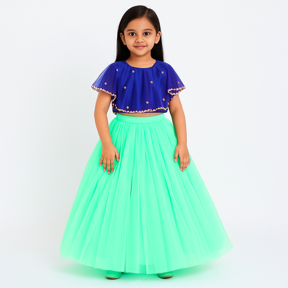 Girls Party Wear Set – Crop Top & Skirt Combo for Kids ( Blue Sea Green )