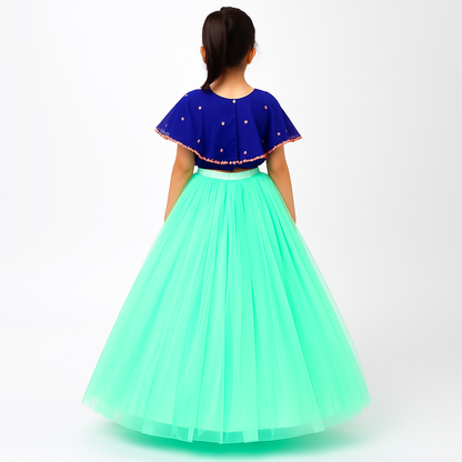 Girls Party Wear Set – Crop Top & Skirt Combo for Kids ( Blue Sea Green )