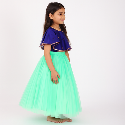 Girls Party Wear Set – Crop Top & Skirt Combo for Kids ( Blue Sea Green )