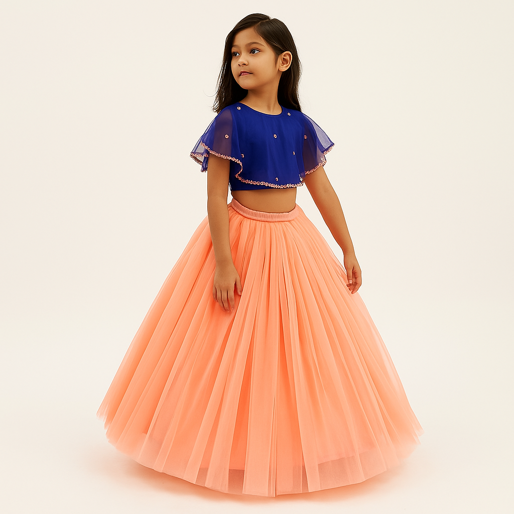 Girls Party Wear Set – Crop Top & Skirt Combo for Kids (Blue Peach)