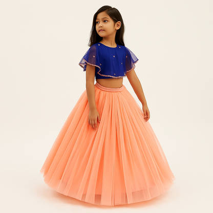 Girls Party Wear Set – Crop Top & Skirt Combo for Kids (Blue Peach)