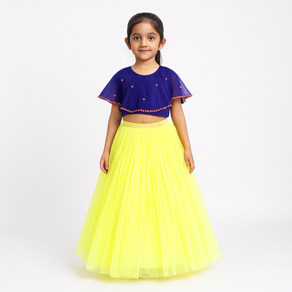 Girls Party Wear Set – Crop Top & Skirt Combo for Kids ( Blue Yellow )