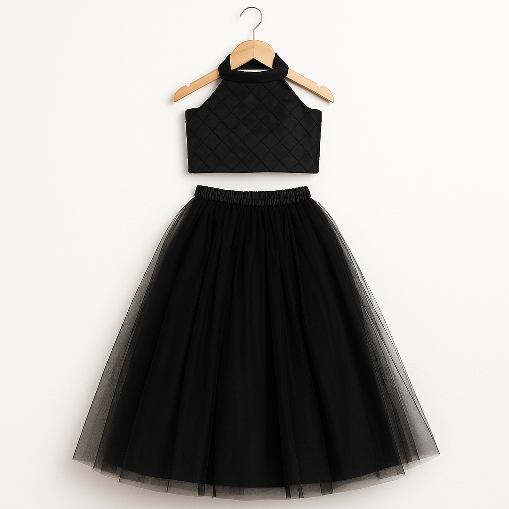 Girls Party Wear Set – Crop Top & Skirt Combo for Kids (black)