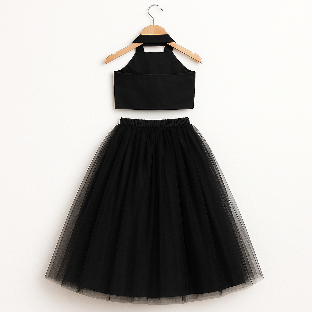 Girls Party Wear Set – Crop Top & Skirt Combo for Kids (black)