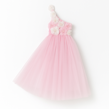 Baby Pink Floral One-Shoulder Tulle Party Dress for Girls