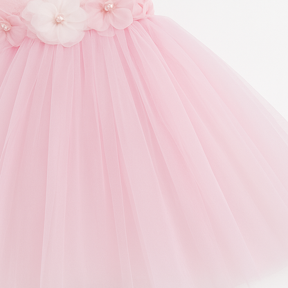 Baby Pink Floral One-Shoulder Tulle Party Dress for Girls