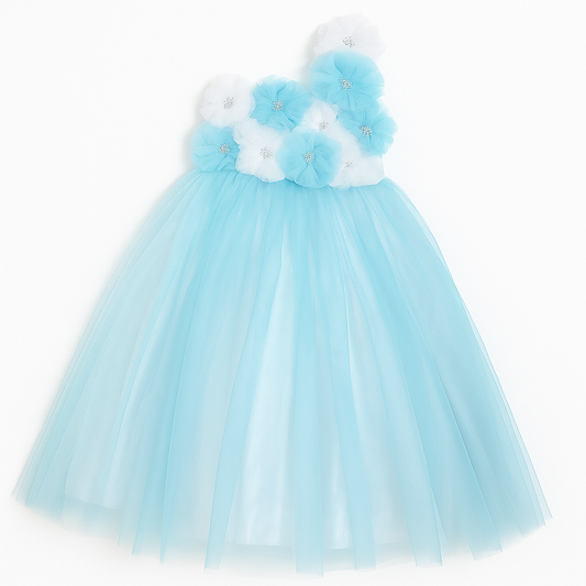 Sky Blue One-Shoulder Floral Tulle Dress for Girls