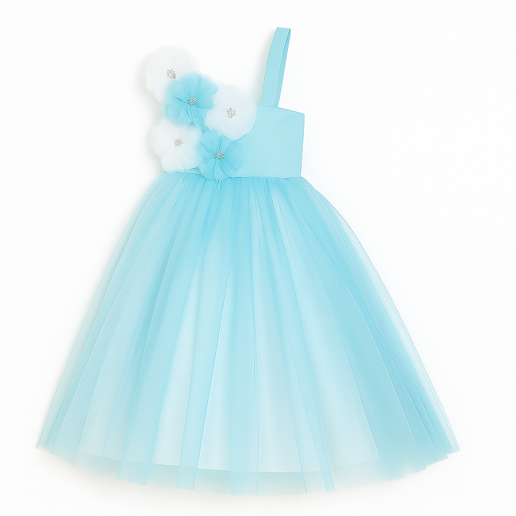 Sky Blue One-Shoulder Floral Tulle Dress for Girls