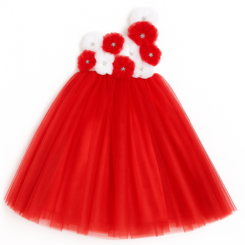 Red & White Floral One-Shoulder Princess Tulle Dress for Girls