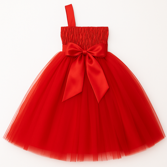 Red & White Floral One-Shoulder Princess Tulle Dress for Girls