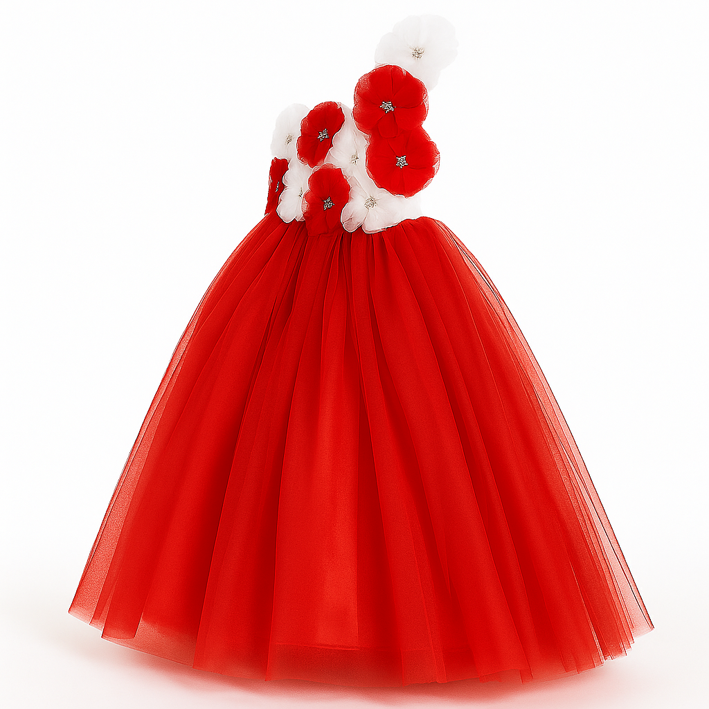 Red & White Floral One-Shoulder Princess Tulle Dress for Girls