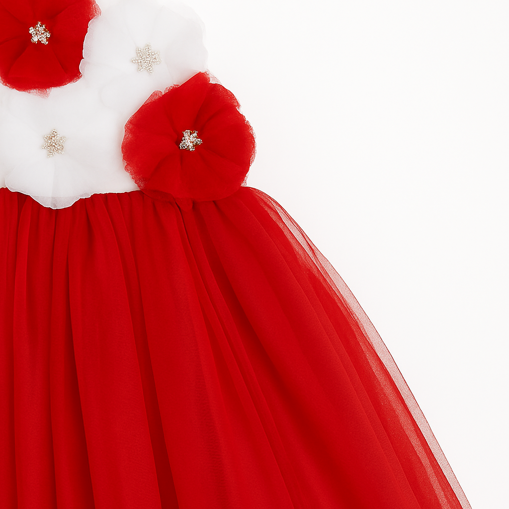 Red & White Floral One-Shoulder Princess Tulle Dress for Girls