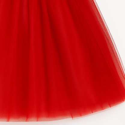 Red & White Floral One-Shoulder Princess Tulle Dress for Girls