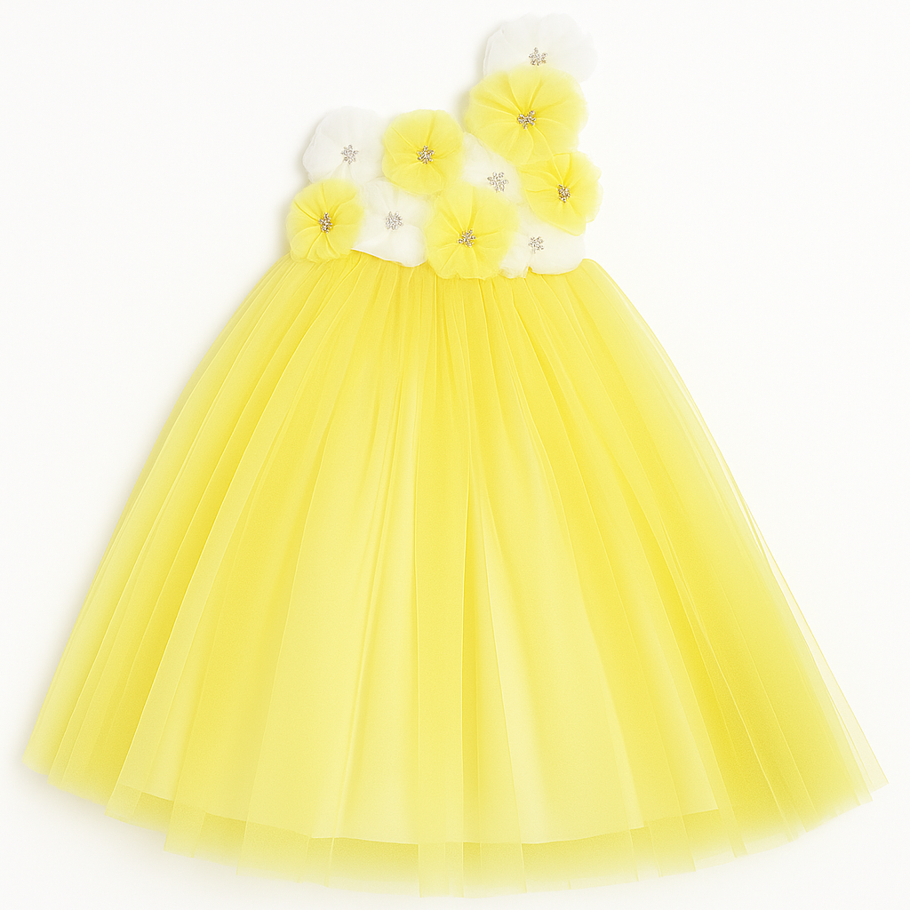 Lemon Yellow Floral One-Shoulder Princess Tulle Dress for Girls