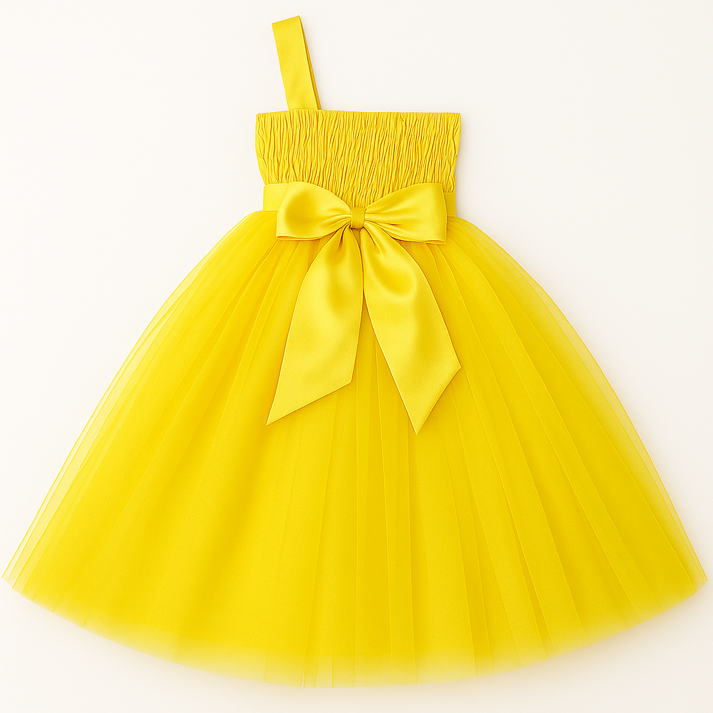 Lemon Yellow Floral One-Shoulder Princess Tulle Dress for Girls