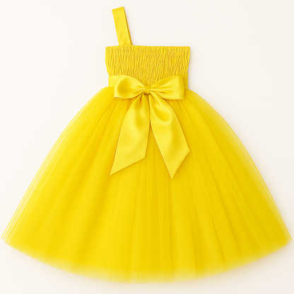 Lemon Yellow Floral One-Shoulder Princess Tulle Dress for Girls