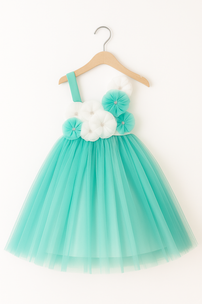 Mint Green One-Shoulder Floral Tulle Dress for Girls