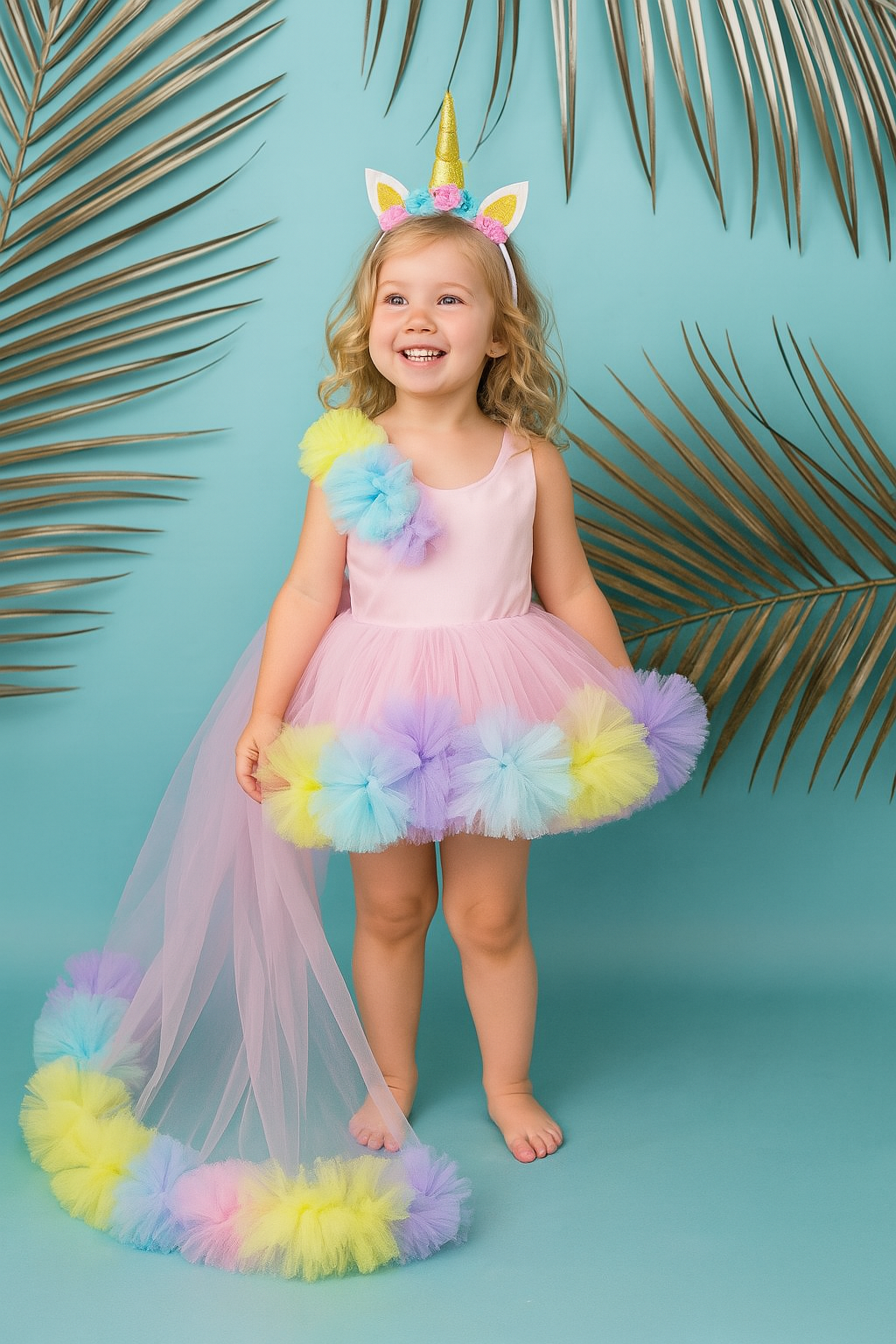 Girls Colourblocked V-Neck Net Fit & Flare Dress – Party Wear