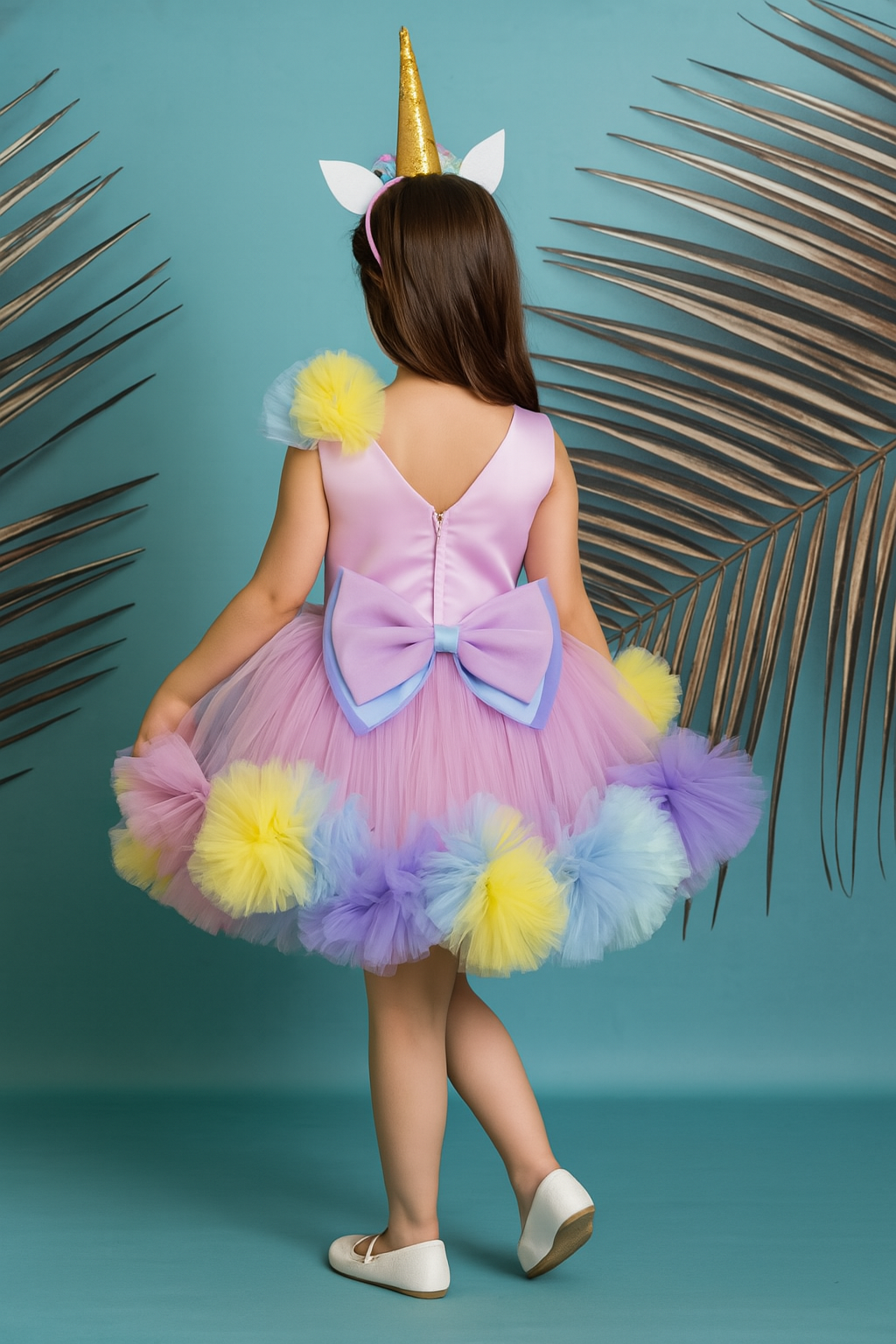 Girls Colourblocked V-Neck Net Fit & Flare Dress – Party Wear