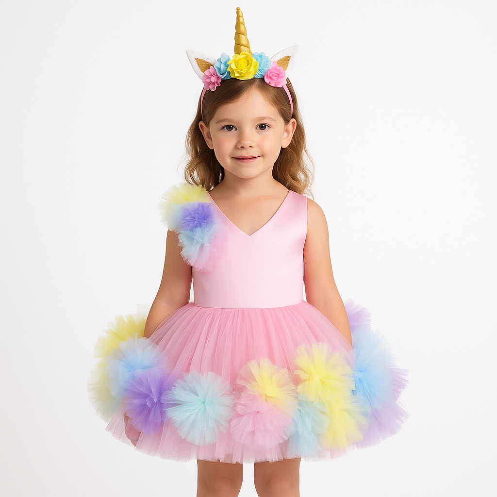 Girls Colourblocked V-Neck Net Fit & Flare Dress – Party Wear