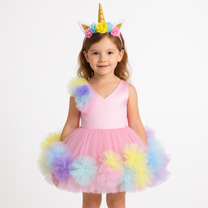 Girls Colourblocked V-Neck Net Fit & Flare Dress – Party Wear
