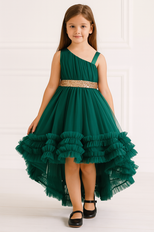 Girls Party Wear Maxi Dress – One Shoulder Net Flare Dress green