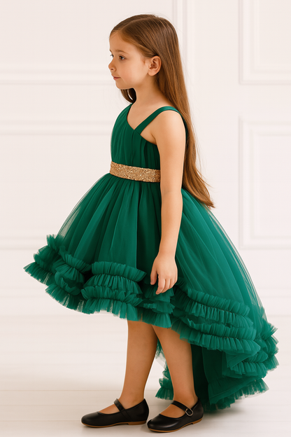 Elegant Emerald Green High-Low Party Dress for Girls with Ruffle Hem