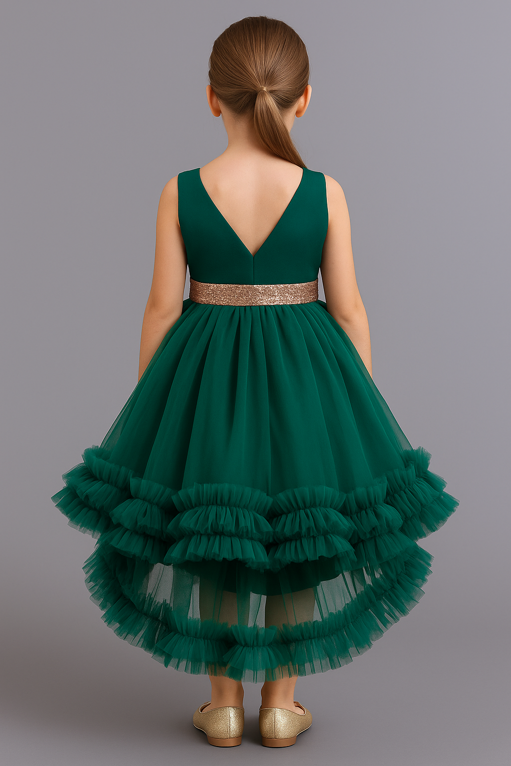 Elegant Emerald Green High-Low Party Dress for Girls with Ruffle Hem