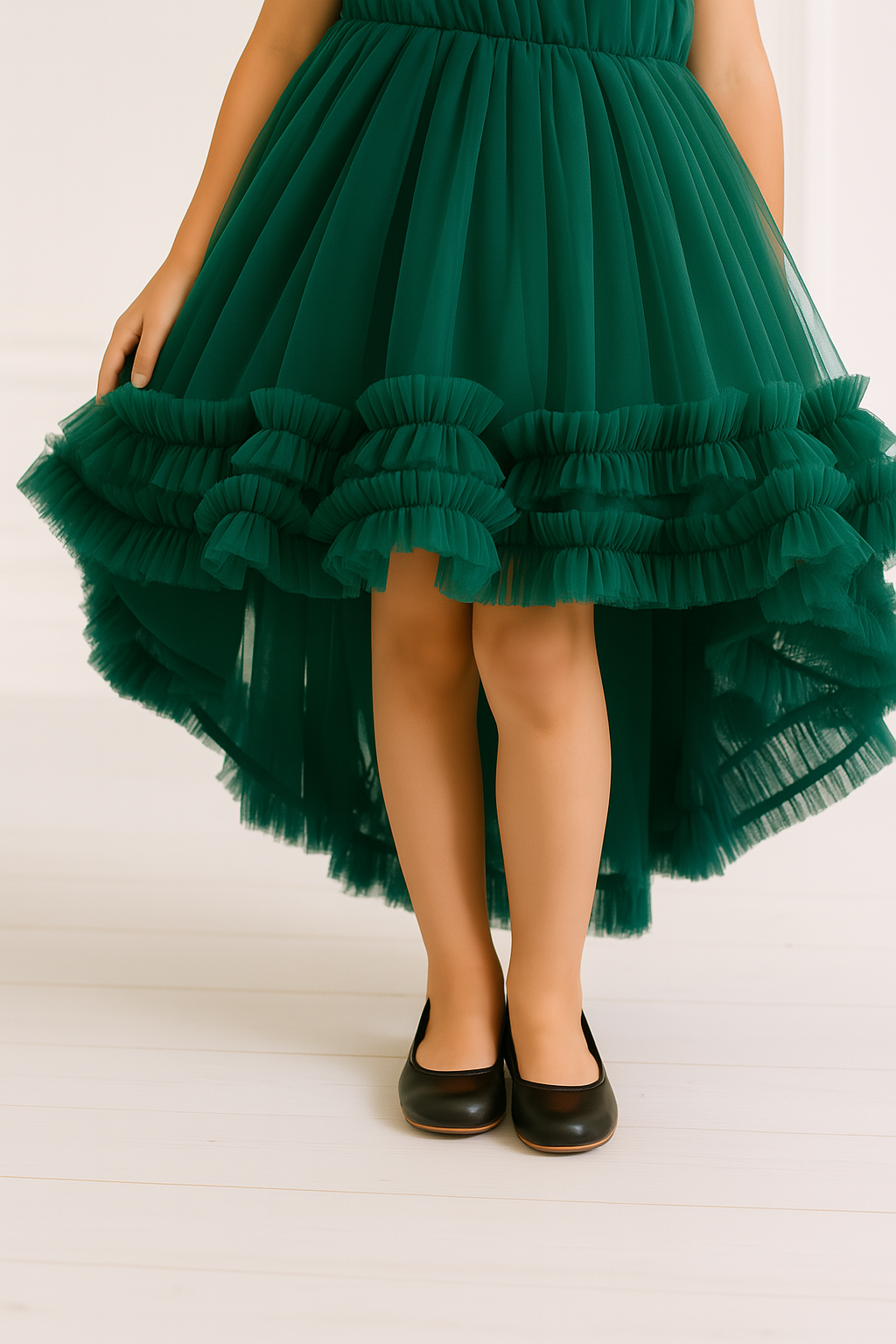 Girls Party Wear Maxi Dress – One Shoulder Net Flare Dress green