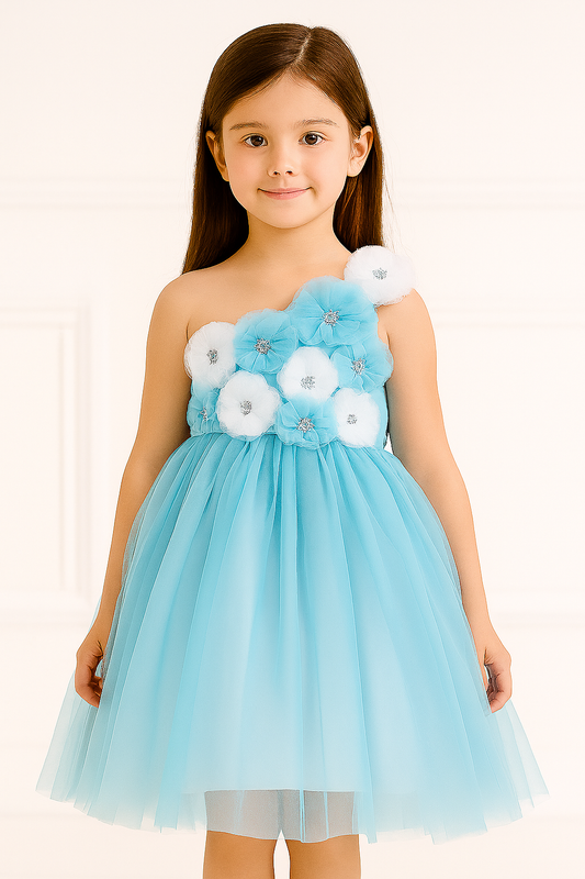 Sky Blue One-Shoulder Floral Tulle Dress for Girls