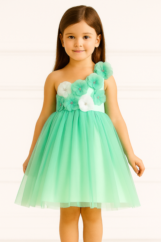 Mint Green One-Shoulder Floral Tulle Dress for Girls
