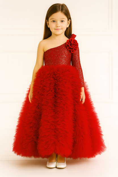 Ruby Red One-Shoulder Fluffy Princess Ball Gown for Girls