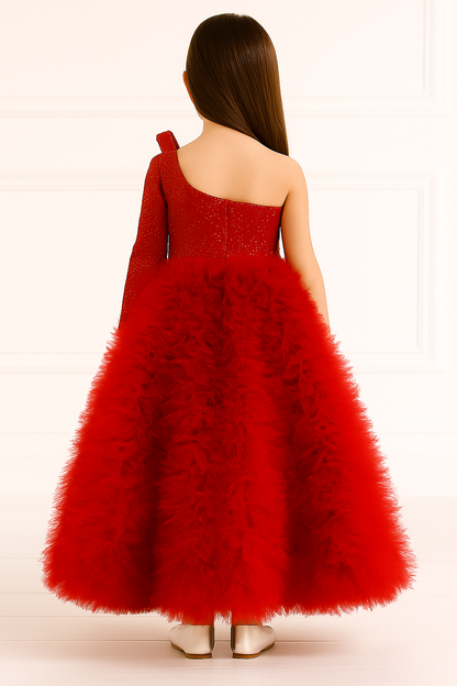 Ruby Red One-Shoulder Fluffy Princess Ball Gown for Girls