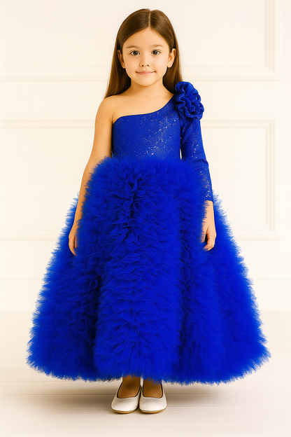 Royal Blue One-Shoulder Fluffy Princess Ball Gown for Girls