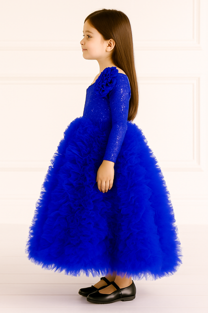 Royal Blue One-Shoulder Fluffy Princess Ball Gown for Girls