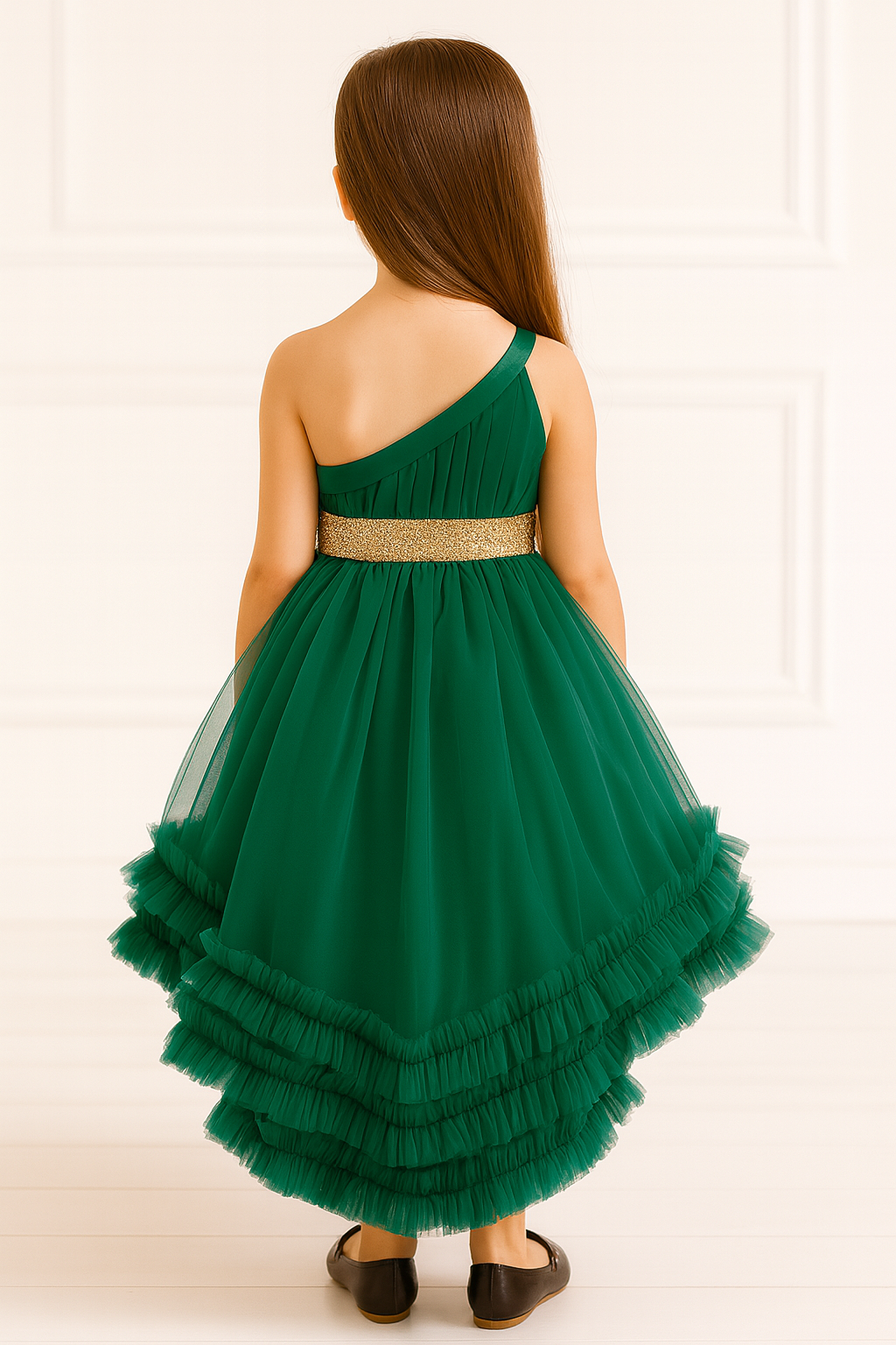 Elegant Emerald Green High-Low Party Dress for Girls with Ruffle Hem
