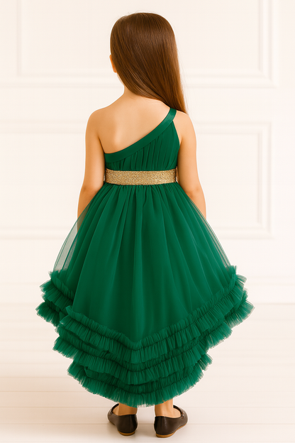Elegant Emerald Green High-Low Party Dress for Girls with Ruffle Hem