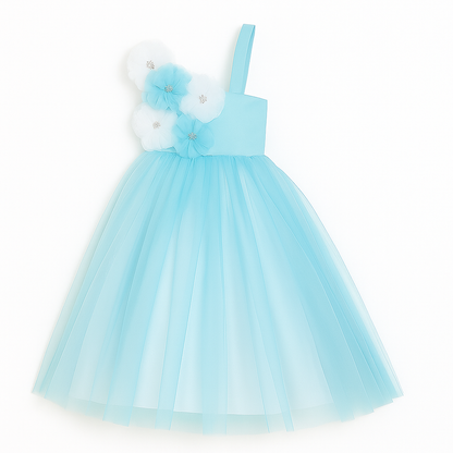 Girls Floral Off Shoulder Net Fit & Flare Dress – Party Wear