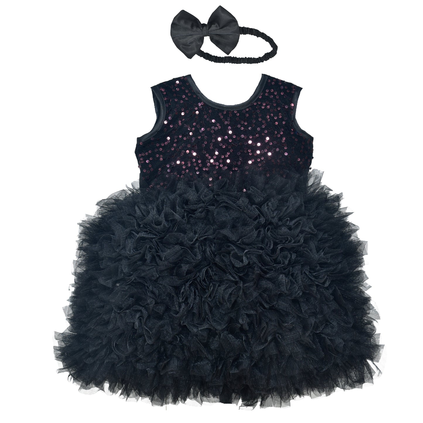 Midnight Black Sequin Feather Party Dress for Girls