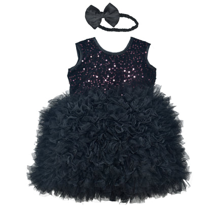 Midnight Black Sequin Feather Party Dress for Girls