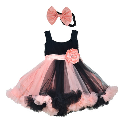 Baby Girls Black & Peach Net Party Dress with Headband