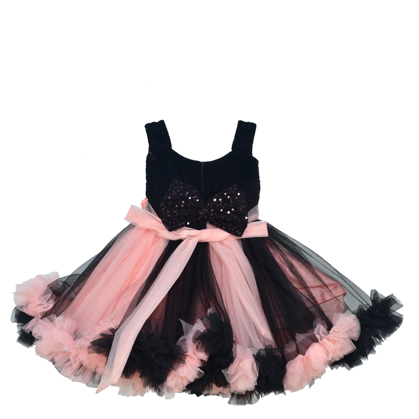 Baby Girls Black & Peach Net Party Dress with Headband