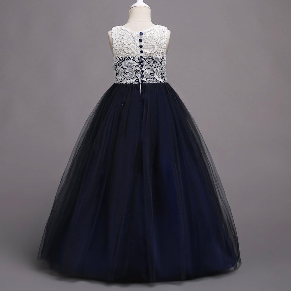 Girls Navy Blue Princess Party Gown with White Lace Bodice & Flared Tulle Skirt